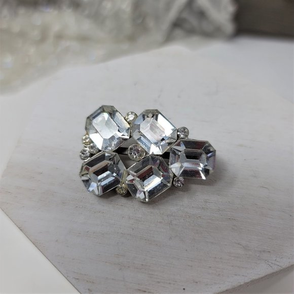 Vintage Rhinestone Brooch Pin, Emerald Cut, Silver- tone Foil Back - Picture 1 of 6